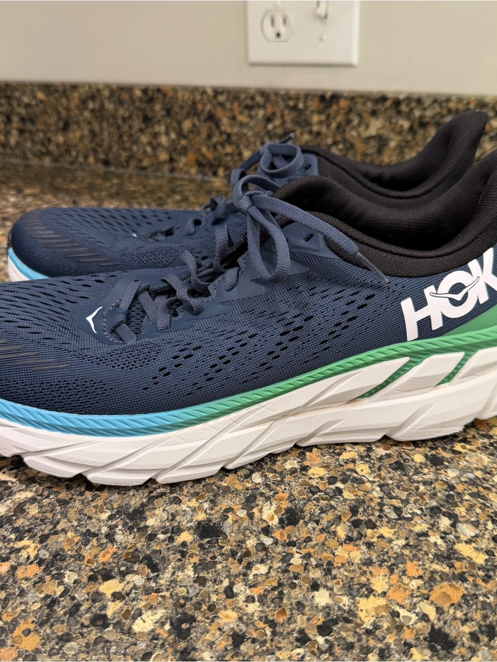 Hoka One One Navy Running Shoes with Green and Light Blue Accents Mens 11